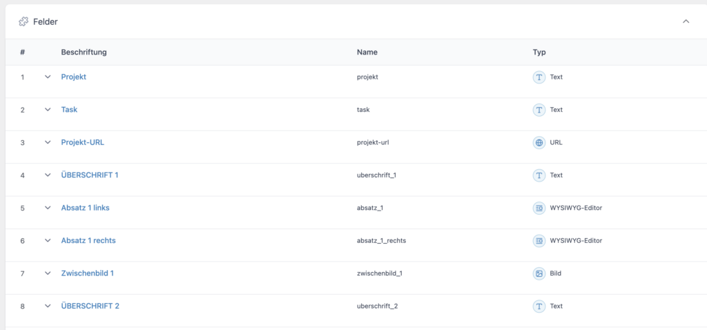 Screenshot aus dem WordPress-Backend, zu sehen sind die Einstellungen für Advanced Custom Fields.