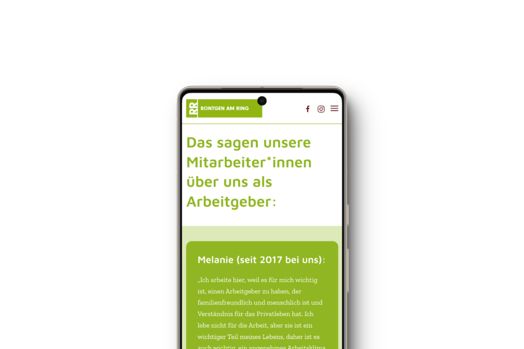 Mockup der website von röntgen am ring auf einem Mobiltelefon. Zu sehen ist positives Feedback einer Mitarbeiterin über die Firma.