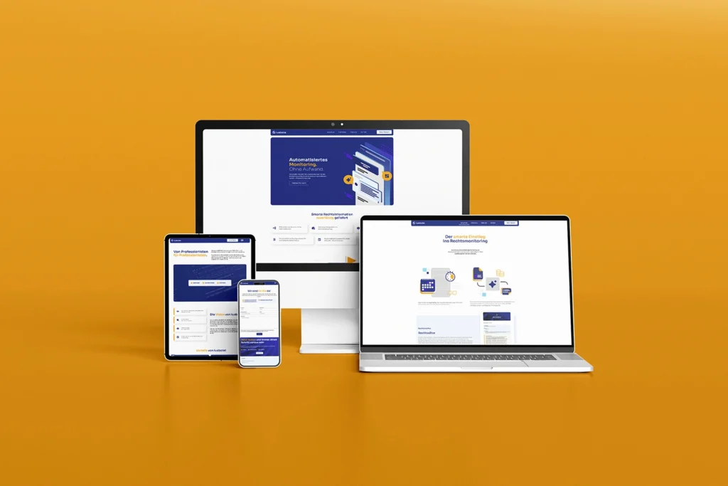 Mockup einer Website von iusbote.at. Zu sehen ist die Website auf einem Desktop, einem Laptop, einem Tablet und einem Handy.