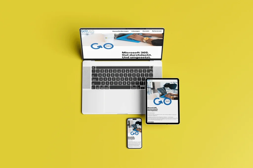 Mock Up der Website von Go365 auf einem Laptop, einem Tablet und einem Mobiltelefon