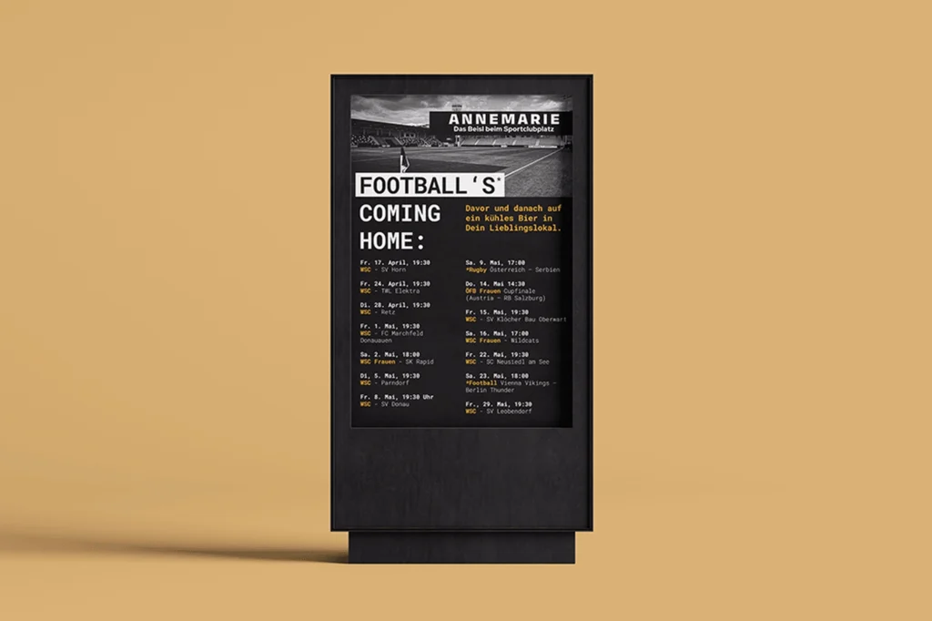 Plakatdesign für die kommenden Events im neuen Stadion des Wiener Sportclubs.