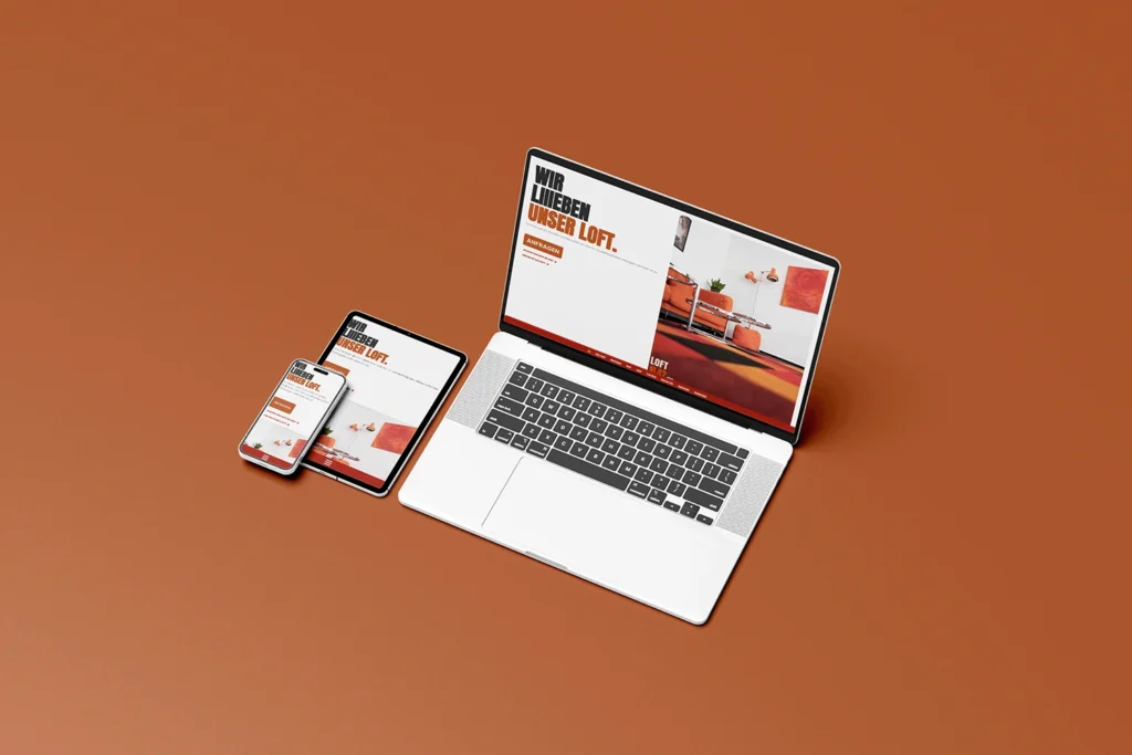 Auf mehreren Geräten ist das responsive DEsign der Website von Loft 42 zu sehen. Das kmplette Design ist von A Downstairs Affair, einer Web-Agentur aus WIen
